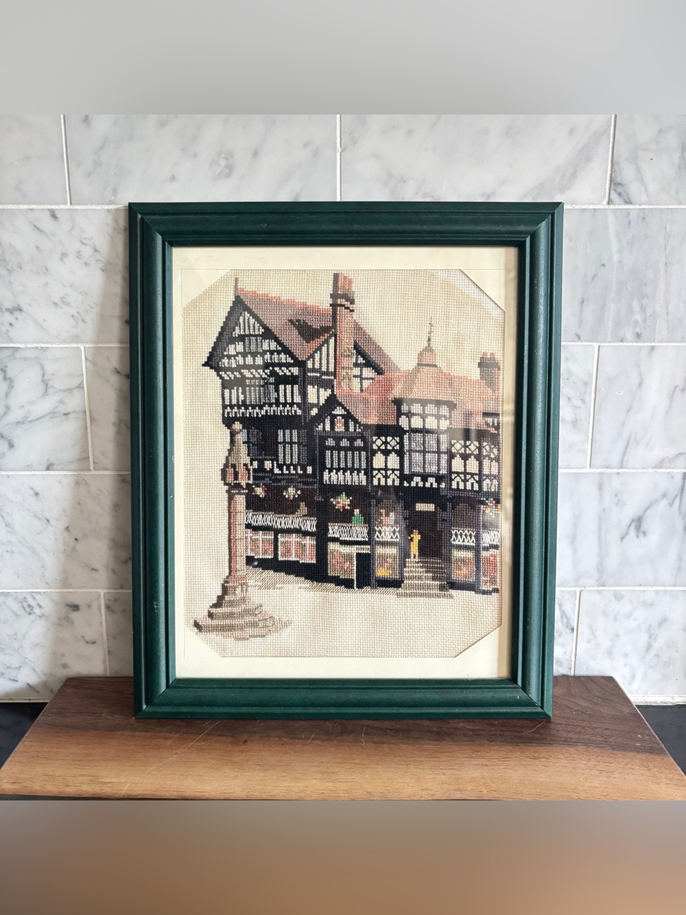 Vintage Framed Cross-Stitch Needlepoint Art - "The Rows" in Chester, England